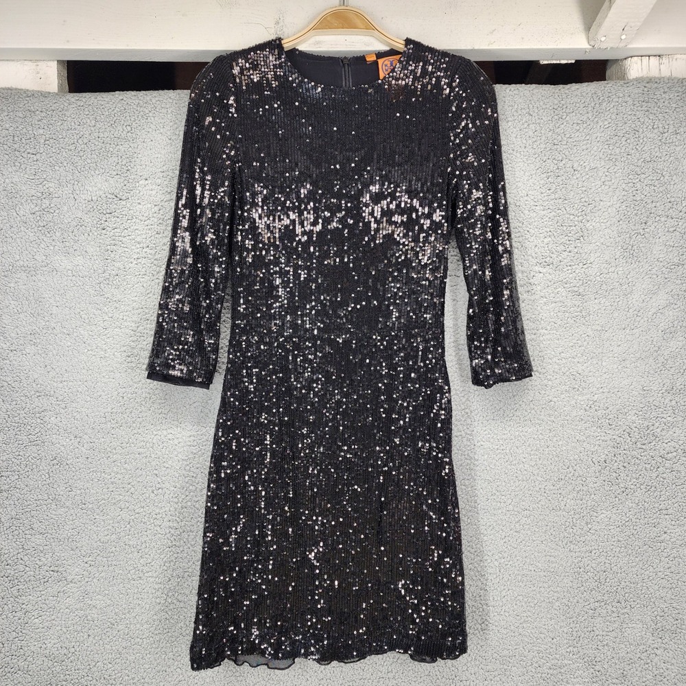 Tory Burch Black Sequin Dress Extra Small‎ XS 3/4 Sleeve Party Cocktail